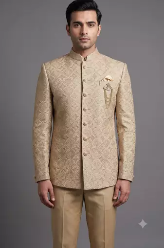 Ivory textured bandhgala suit for men