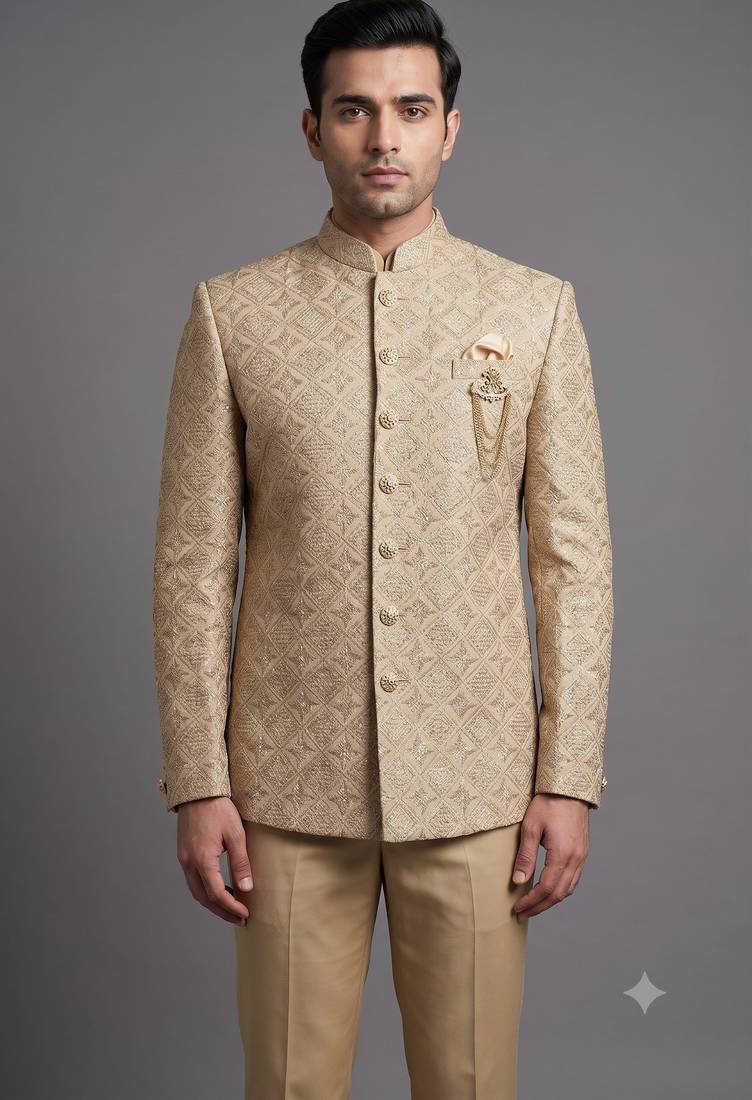 Ivory textured bandhgala suit for men