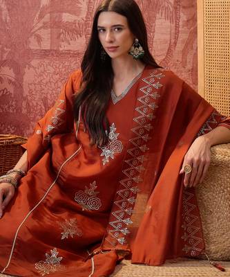 Rust chanderi cotton embroidered kurta set. 1