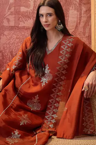 Rust chanderi cotton embroidered kurta set.