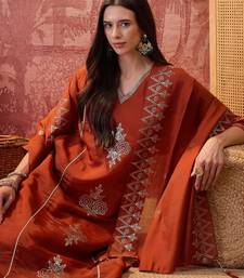 Rust chanderi cotton embroidered kurta set.