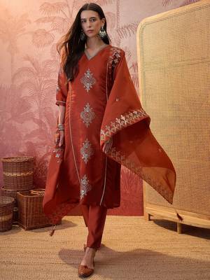 Rust chanderi cotton embroidered kurta set. 2