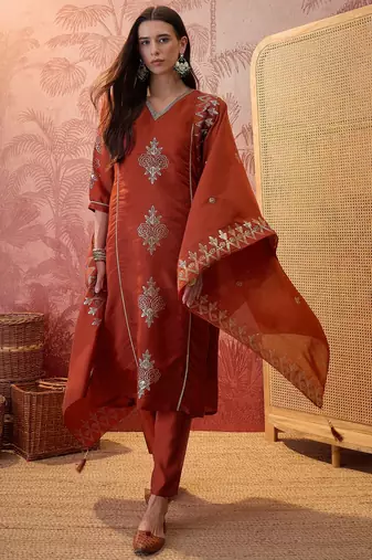 Rust chanderi cotton embroidered kurta set.