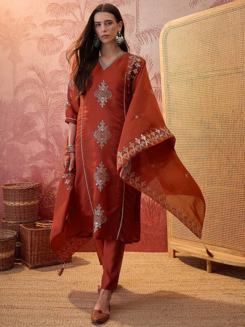 Rust chanderi cotton embroidered kurta set.