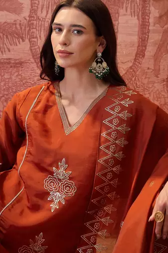 Rust chanderi cotton embroidered kurta set.