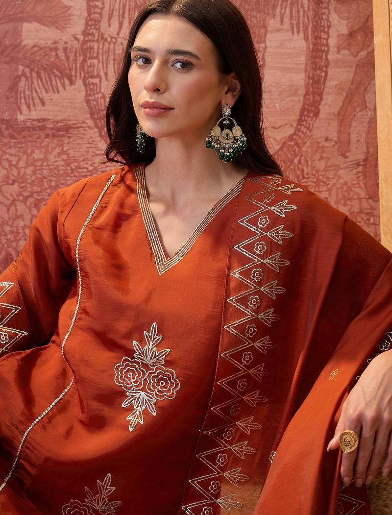 Rust chanderi cotton embroidered kurta set.