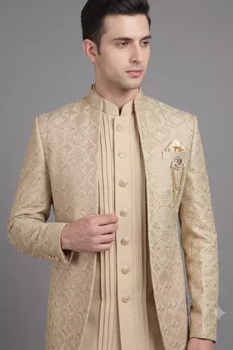 Ivory textured open jodhpuri suit for men