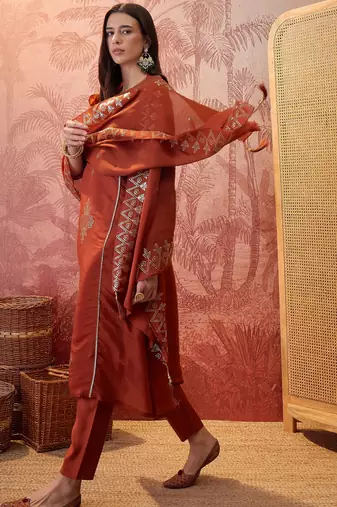 Rust chanderi cotton embroidered kurta set.