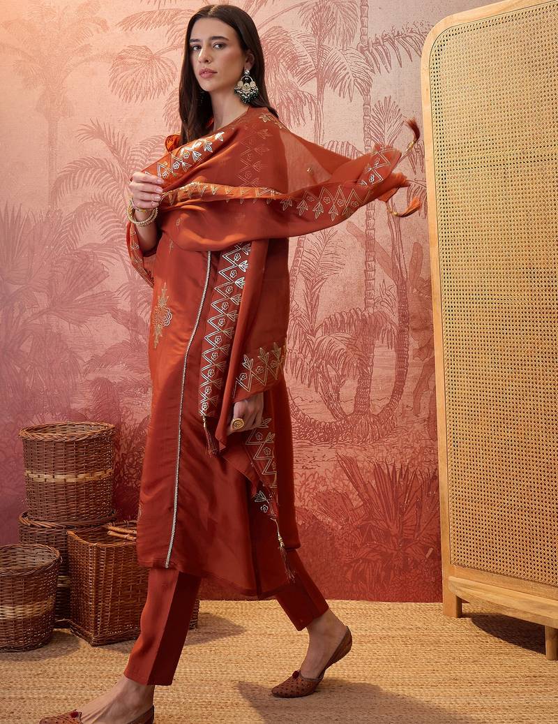 Rust chanderi cotton embroidered kurta set.