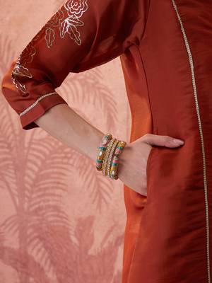 Rust chanderi cotton embroidered kurta set. 5