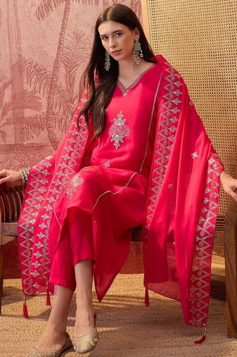 Rani chanderi cotton embroidered kurta set.