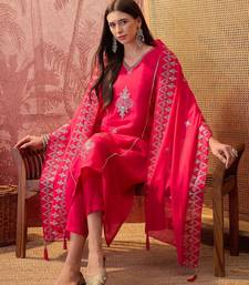 Rani chanderi cotton embroidered kurta set.