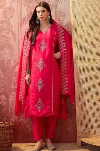 Rani chanderi cotton embroidered kurta set.