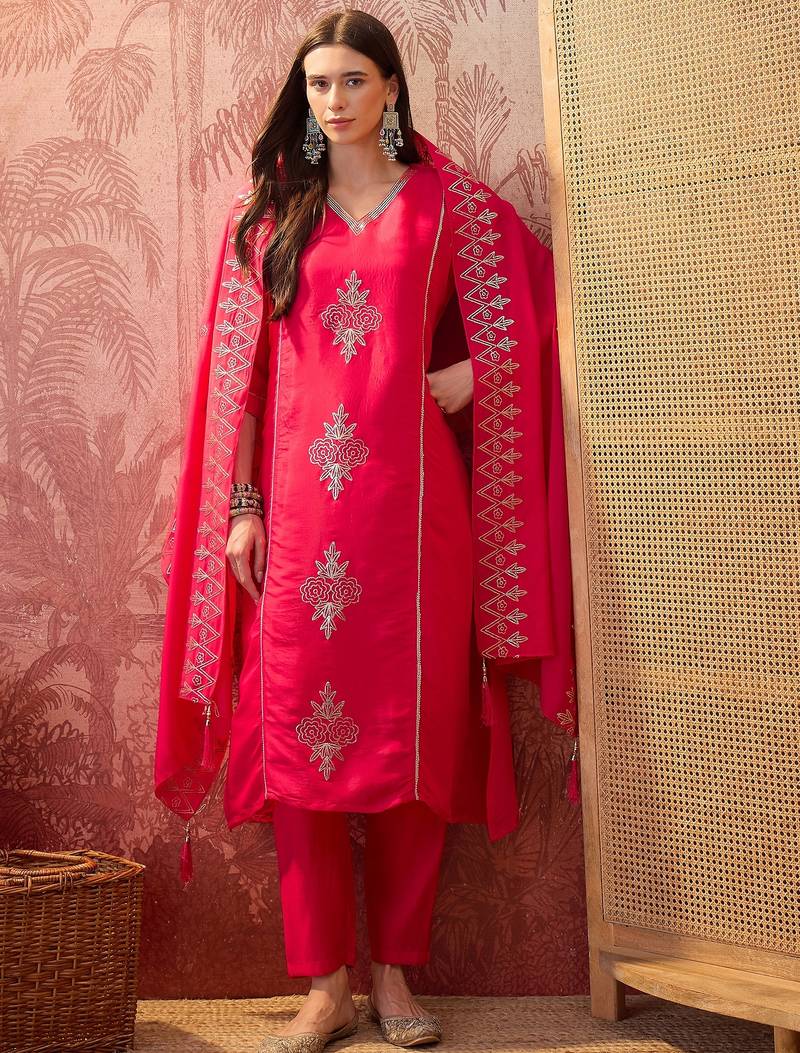 Rani chanderi cotton embroidered kurta set.