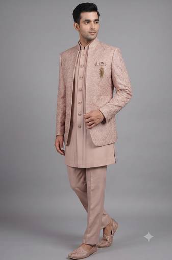 Pink textured open indowestern suit for men