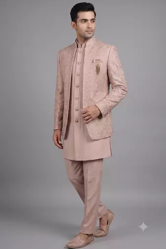Pink textured open indowestern suit for men