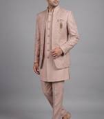 Pink textured open indowestern suit for men