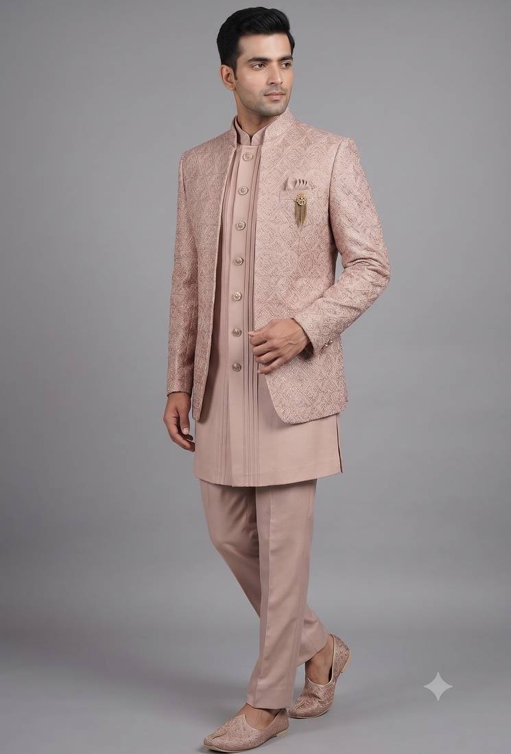 Pink textured open indowestern suit for men
