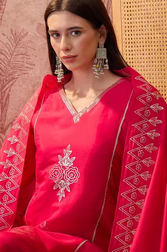 Rani chanderi cotton embroidered kurta set.