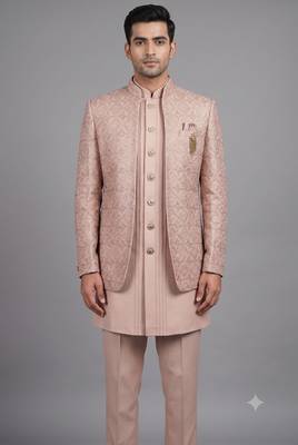 Pink textured open indowestern suit for men 2