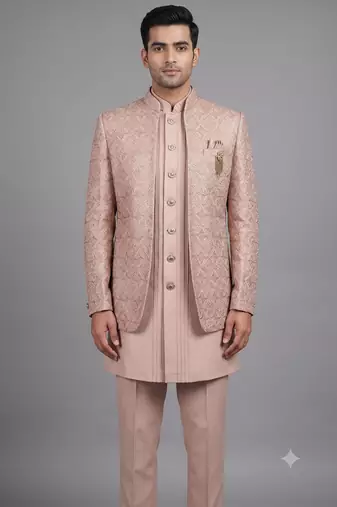 Pink textured open indowestern suit for men