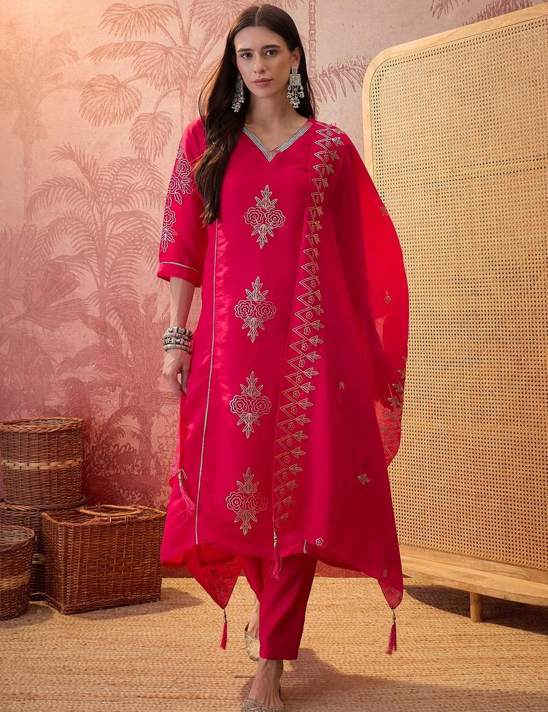 Rani chanderi cotton embroidered kurta set.