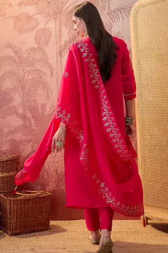 Rani chanderi cotton embroidered kurta set.