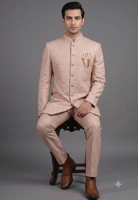 Pink textured bandhgala suit for men 1