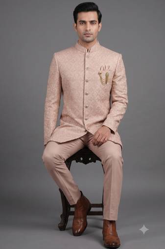Pink textured bandhgala suit for men