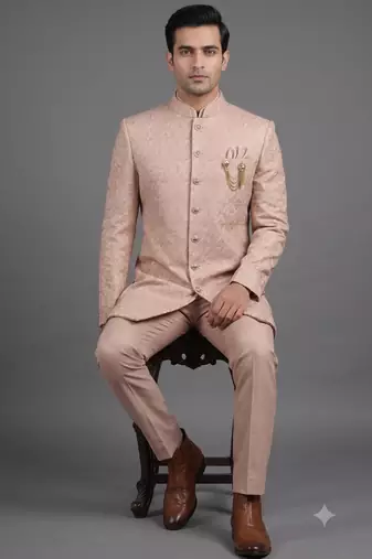 Pink textured bandhgala suit for men