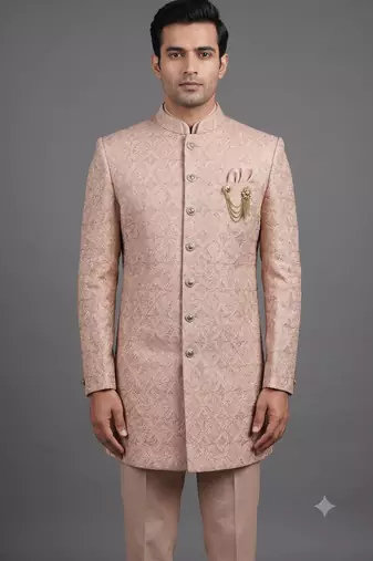 Pink textured bandhgala suit for men
