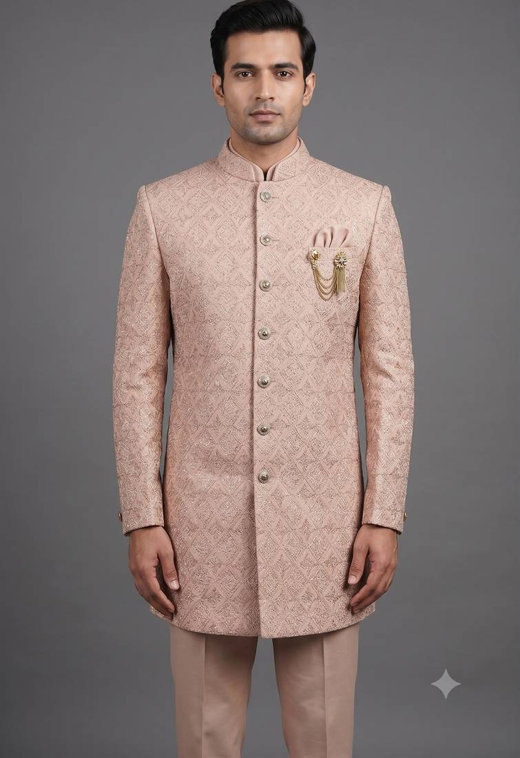 Pink textured bandhgala suit for men