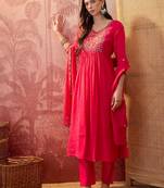 Rani chanderi cotton embroidered kurta set.