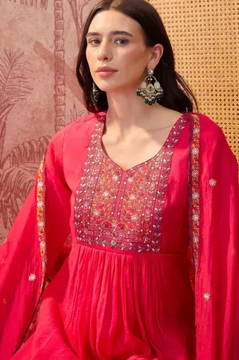 Rani chanderi cotton embroidered kurta set.