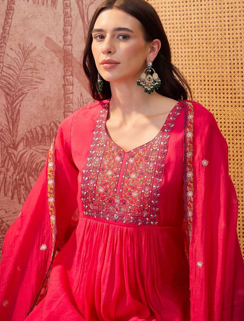 Rani chanderi cotton embroidered kurta set.