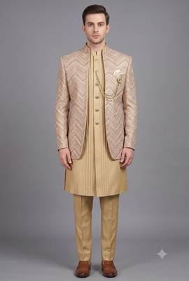 Champagne gold textured open indowestern suit for men 1
