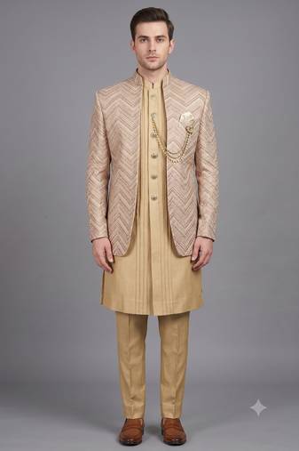 Champagne gold textured open indowestern suit for men