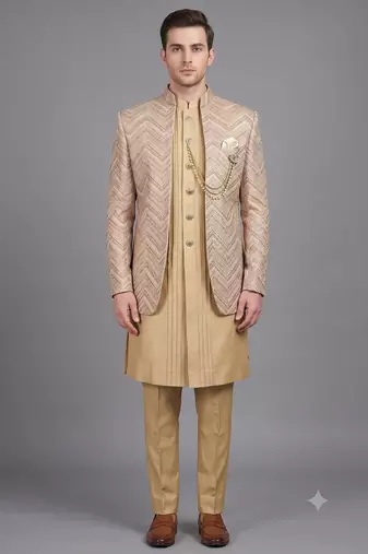 Champagne gold textured open indowestern suit for men