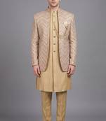 Champagne gold textured open indowestern suit for men