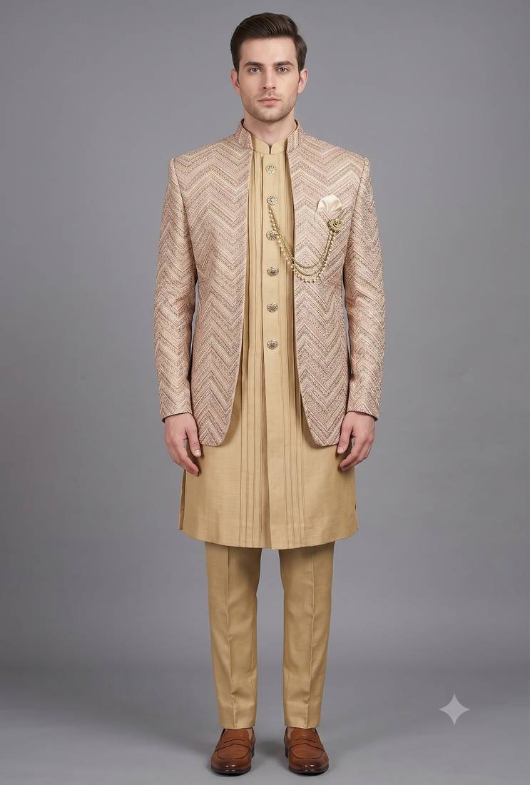Champagne gold textured open indowestern suit for men