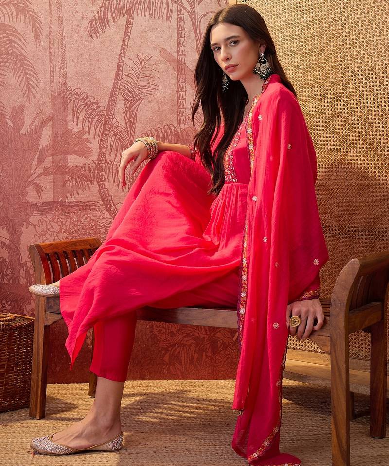 Rani chanderi cotton embroidered kurta set.