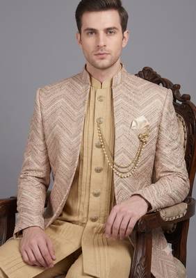 Champagne gold textured open indowestern suit for men 2