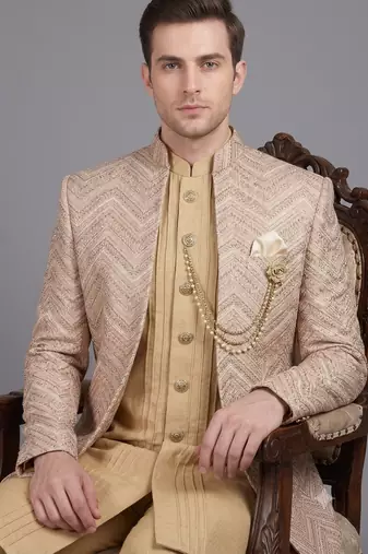 Champagne gold textured open indowestern suit for men