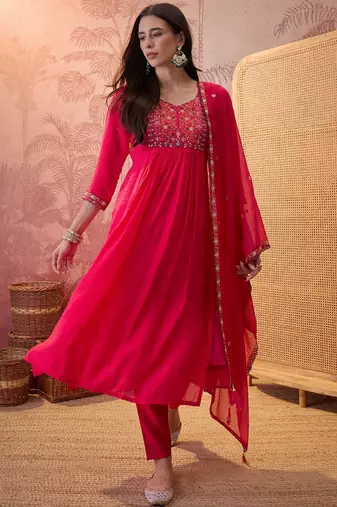 Rani chanderi cotton embroidered kurta set.