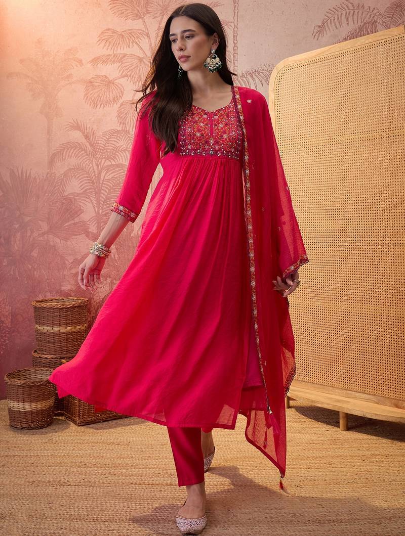 Rani chanderi cotton embroidered kurta set.
