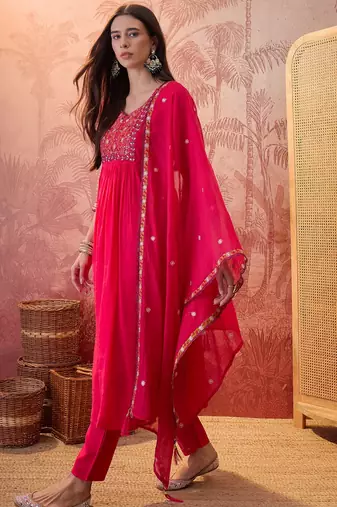 Rani chanderi cotton embroidered kurta set.