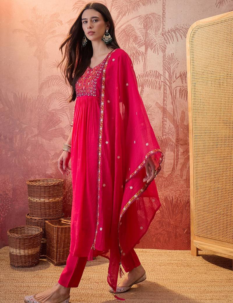 Rani chanderi cotton embroidered kurta set.