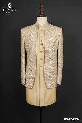Champagne gold textured open indowestern suit for men 3