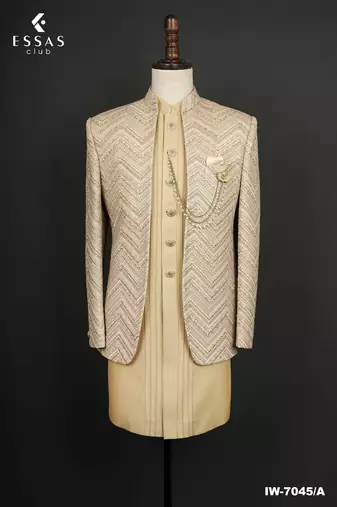 Champagne gold textured open indowestern suit for men