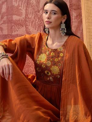 Rust chanderi cotton embroidered kurta set. 1
